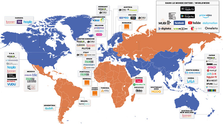 MyFrenchFilmFestival, na pomarańczowo kraje, gdzie festiwalowe filmy można oglądać za darmo