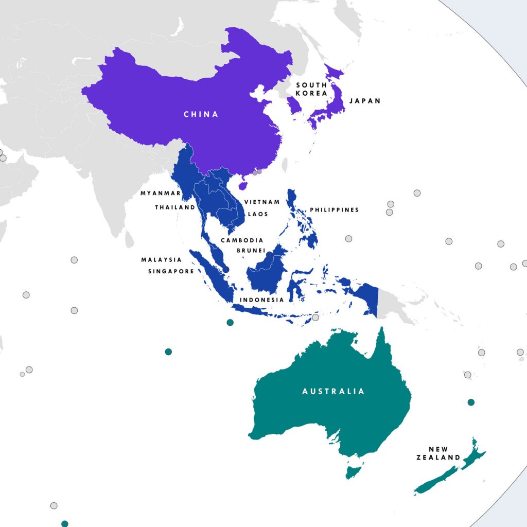 Sygnatariusze RCEP, na granatowo kraje ASEAN