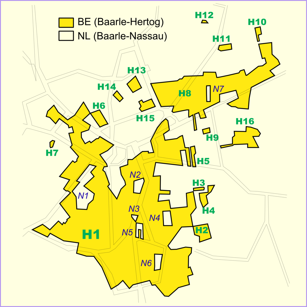 Na żółto belgijska część Baarle, kolorem jaśniejszym zaznaczona część holenderska