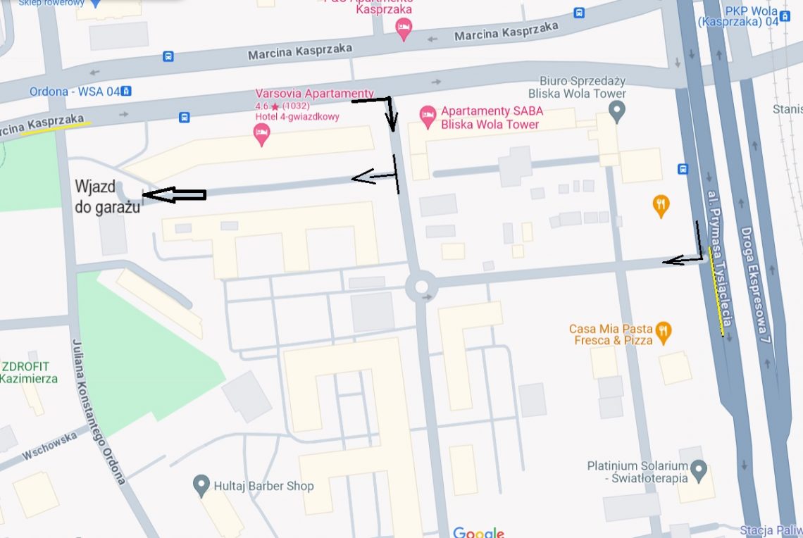 dojazd do podziemnego garażu, gdzie możemy zostawić samochód 